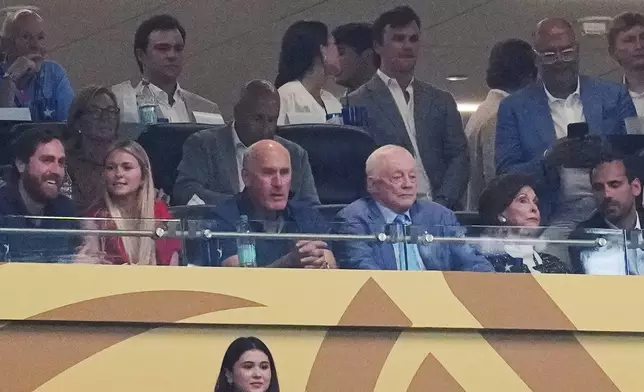 Dallas Cowboys owner Jerry Jones, center right, watch during the World Cup semifinal soccer match between France and Spain in Arlington, Texas, near Dallas, Tuesday, July 14, 2026. (AP Photo/Julio Cortez)