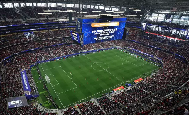 Spain plays Portugal during a World Cup round of 16 soccer match in Arlington, Texas, near Dallas, Monday, July 6, 2026. (AP Photo/Sam Hodde)
