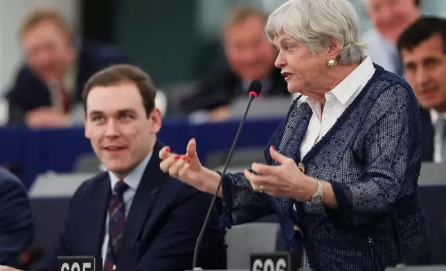 FILE - Britain's European parliament member Ann Widdecombe, right, of the Brexit party, speaks during a debate at the European parliament, Jan. 14, 2020, in Strasbourg, eastern France. (AP Photo/Jean-Francois Badias, File)