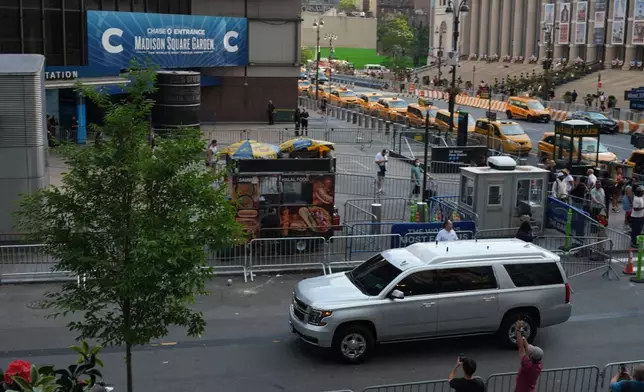 A truck believed to be carrying singer Taylor Swift arrives to Madison Square Garden ahead of a reported wedding between singer Taylor Swift and National Football League player Travis Kelce on Friday, July 3, 2026, in New York. (AP Photo/Ryan Murphy)
