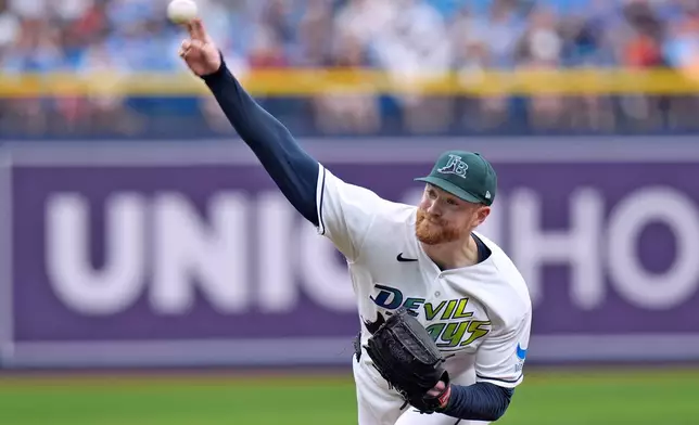 Tampa Bay Rays pitcher Drew Rasmussen delivers to the Cleveland Guardians during the first inning of a baseball game Sunday, July 26, 2026, in St. Petersburg, Fla. (AP Photo/Chris O'Meara)