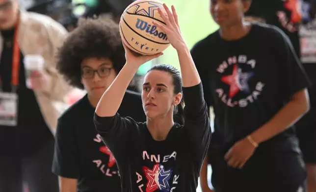 WNBA All Star Caitlin Clark shoots during practice at the Obama Presidential Center in Chicago, Friday, July 24, 2026. (AP Photo/Paul Beaty)