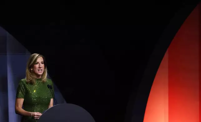 FILE - WNBA commissioner Cathy Engelbert speaks at the WNBA basketball draft, April 13, 2026, in New York. (AP Photo/Pamela Smith, File)