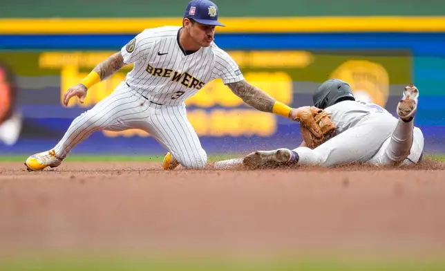 Colorado Rockies' Willi Castro, right, steals second base as Milwaukee Brewers shortstop Joey Ortiz, left, is late with the tag during the fourth inning of a baseball game Friday, July 24, 2026, in Milwaukee. (AP Photo/Kayla Wolf) CORRECTION: Corrects to Rockies' Willi Castro steals second base not Rockies' Kyle Karros is tagged out.