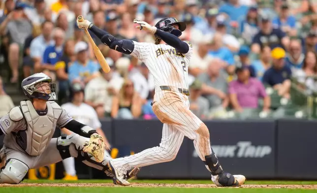 Milwaukee Brewers' Brice Turang, right, watches his home run with Colorado Rockies catcher Hunter Goodman, left, during the sixth inning of a baseball game Friday, July 24, 2026, in Milwaukee. (AP Photo/Kayla Wolf)