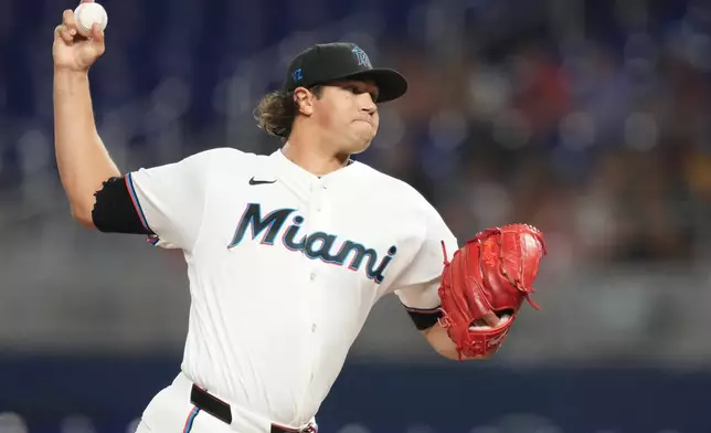 Miami Marlins starting pitcher Tyler Phillips throws during the first inning of a baseball game against the Philadelphia Phillies, Monday, July 27, 2026, in Miami. (AP Photo/Lynne Sladky)