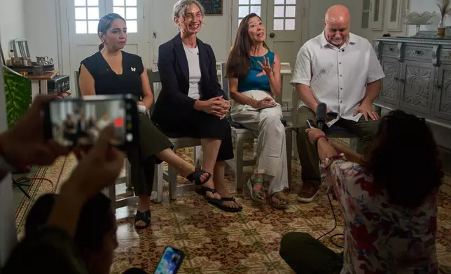 From left, U.S. Representatives Delia C. Ramirez of Illinois, Maxine Dexter of Oregon, Teresa Leger Fernández of New Mexico and Mark Pocan of Wisconsin, all Democrats, hold a news conference in Havana, Cuba, Sunday, July 12, 2026. (AP Photo/Ramon Espinosa)