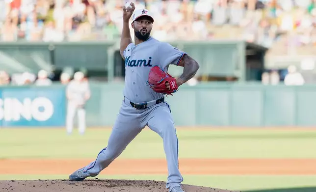 Miami Marlins pitcher Sandy Alcantara throws to the Athletics during the first inning of a baseball game Saturday, July 4, 2026, in West Sacramento, Calif. (AP Photo/Sara Nevis)