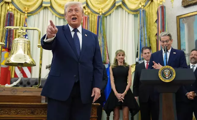 President Donald Trump speaks before ringing the opening bell for the New York Stock Exchange and the Nasdaq in the Oval Office at the White House, Monday, July 6, 2026, in Washington, as Treasury Secretary Scott Bessent stands at the podium. (AP Photo/Mark Schiefelbein)
