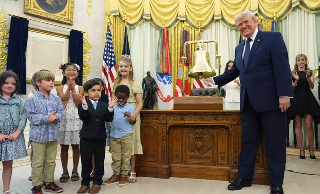 President Donald Trump rings the opening bell for the New York Stock Exchange and the Nasdaq in the Oval Office at the White House, Monday, July 6, 2026, in Washington. (AP Photo/Mark Schiefelbein)