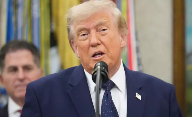 President Donald Trump speaks after ringing the opening bell for the New York Stock Exchange and the Nasdaq in the Oval Office at the White House, Monday, July 6, 2026, in Washington. (AP Photo/Mark Schiefelbein)