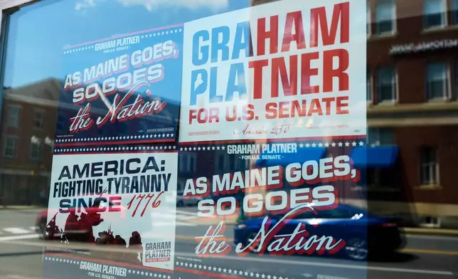 Campaign signs for former Democratic candidate for U.S. Senate Graham Platner are seen at his headquarters Thursday, July 9, 2026, in Ellsworth, Maine. (AP Photo/Robert F. Bukaty)