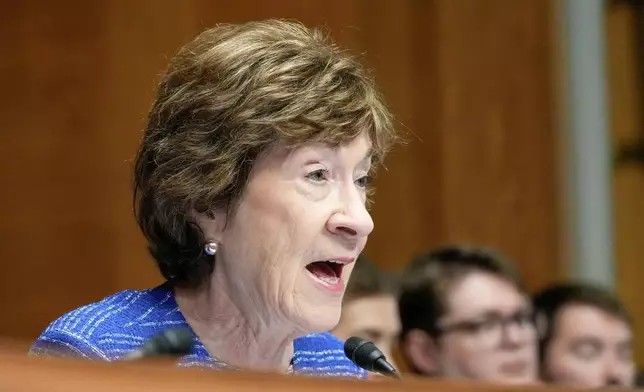 Sen. Susan Collins, R-Maine, asks a question during a Senate Health Education Labor and Pension committee confirmation hearing for Keith Sonderling to be the Labor Secretary, on Capitol Hill, Thursday, July 16, 2026, in Washington. (AP Photo/Mariam Zuhaib)