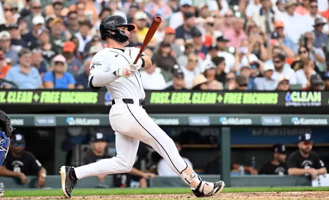 Detroit Tigers' Kevin McGonigle singles during the fifth inning of a baseball game against the Kansas City Royals, Sunday, July 26, 2026, in Detroit. (AP Photo/Jose Juarez)