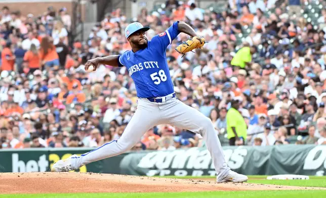 Kansas City Royals starting pitcher Luinder Avila throws during the first inning of a baseball game against the Detroit Tigers, Sunday, July 26, 2026, in Detroit. (AP Photo/Jose Juarez)