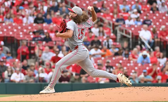 Cincinnati Reds pitcher Rhett Lowder delivers against the St. Louis Cardinals during the first inning of a baseball game, Friday, July 24, 2026, in St. Louis. (AP Photo/Jeff Le)