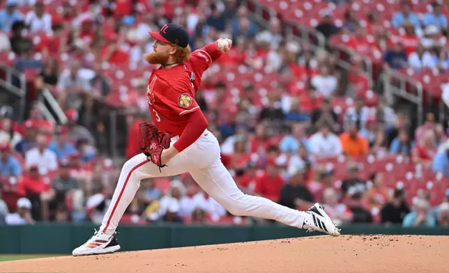 St. Louis Cardinals pitcher Dustin May delivers against the Cincinnati Reds during the first inning of a baseball game, Friday, July 24, 2026, in St. Louis. (AP Photo/Jeff Le)