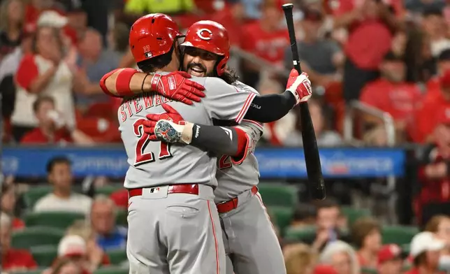 Cincinnati Reds' Eugenio Suárez, right, celebrates with Sal Stewart after hitting a 2-run home run against the St. Louis Cardinals during the seventh inning of a baseball game, Friday, July 24, 2026, in St. Louis. (AP Photo/Jeff Le)
