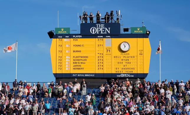 The official score board over the 18th green congratulating Ryan Fox of New Zealand for winning the British Open Golf championships at Royal Birkdale golf club, in Southport, England, Sunday, July 19, 2026. (AP Photo/David Goldman)