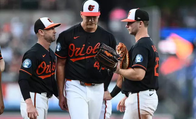 Baltimore Orioles pitcher Trey Gibson, center, is pulled by manager Craig Albernaz, left, during the third inning of a baseball game against the Chicago White Sox, Tuesday, June 30, 2026, in Baltimore. (AP Photo/Nick Wass)