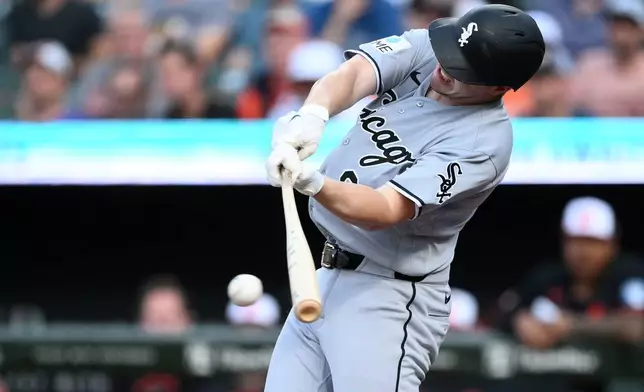 Chicago White Sox's Kyle Teel singles during the second inning of a baseball game against the Baltimore Orioles, Tuesday, June 30, 2026, in Baltimore. (AP Photo/Nick Wass)