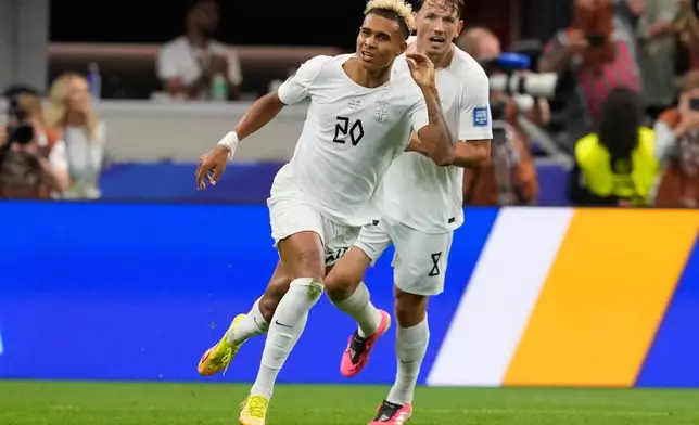 Norway's Antonio Nusa (20) celebrates after scoring the opening goal of his team during the World Cup round of 32 soccer match between Ivory Coast and Norway in Arlington, Texas, near Dallas, Tuesday, June 30, 2026.(AP Photo/Tony Gutierrez)