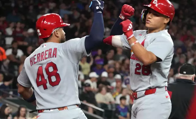 St. Louis Cardinals' JJ Wetherholt celebrates with Iván Herrera (48) after hitting a solo home run against the Arizona Diamondbacks in the fifth inning of a baseball game, Friday, July 17, 2026, in Phoenix. (AP Photo/Rick Scuteri)