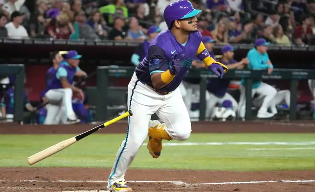 Arizona Diamondbacks' Gabriel Moreno hits a double against the St. Louis Cardinals in the fourth inning of a baseball game, Friday, July 17, 2026, in Phoenix. (AP Photo/Rick Scuteri)