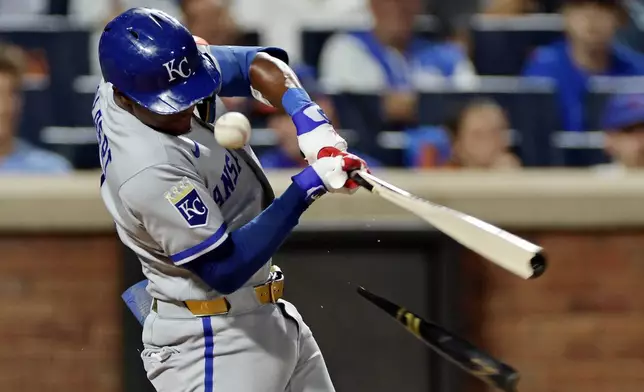 Kansas City Royals' Tyler Tolbert breaks his bat on a foul ball during the fifth inning of a baseball game against the New York Mets, Tuesday, July 7, 2026, in New York. (AP Photo/Adam Hunger)