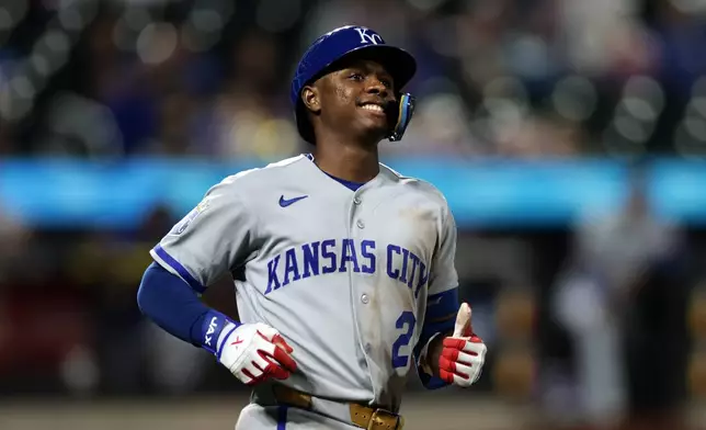 Kansas City Royals' Tyler Tolbert reacts to flying out during the ninth inning of a baseball game against the New York Mets, Tuesday, July 7, 2026, in New York. (AP Photo/Adam Hunger)