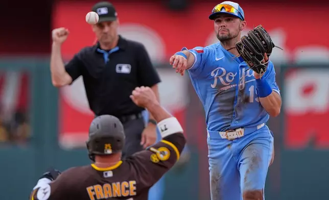Kansas City Royals second baseman Michael Massey throws to first for the double play hit into by San Diego Padres' Miguel Andujar after forcing Ty France out at second to end the ninth inning of a baseball game Saturday, July 18, 2026, in Kansas City, Mo. (AP Photo/Charlie Riedel)