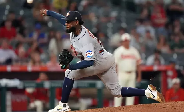 Houston Astros' Cristian Javier pitches against the Los Angeles Angels during the eighth inning of a baseball game Monday, July 27, 2026, in Anaheim, Calif. (AP Photo/Scott Strazzante)