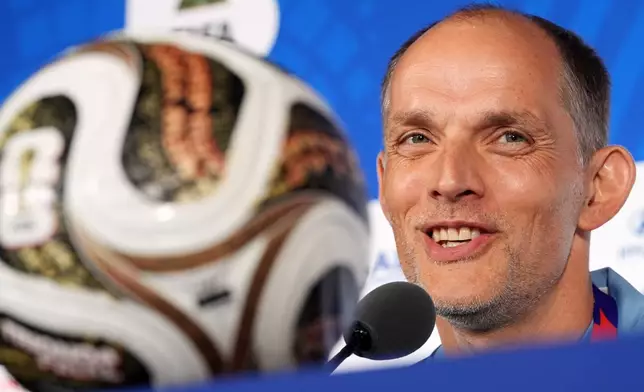 England head coach Thomas Tuchel speaks during a press conference on the eve of England's World Cup semifinal soccer match against Argentina, in Atlanta, Tuesday, July 14, 2026. (AP Photo/Rebecca Blackwell)