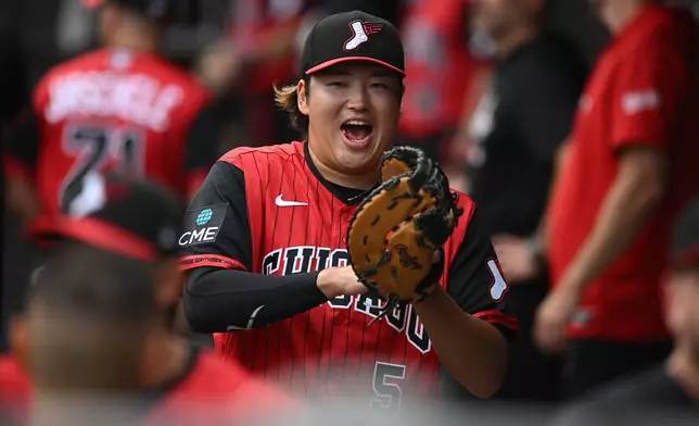 Chicago White Sox's Munetaka Murakami yells in the dugout before a baseball game against the Athletics in Chicago, Friday, July 10, 2026. (AP Photo/Paul Beaty)
