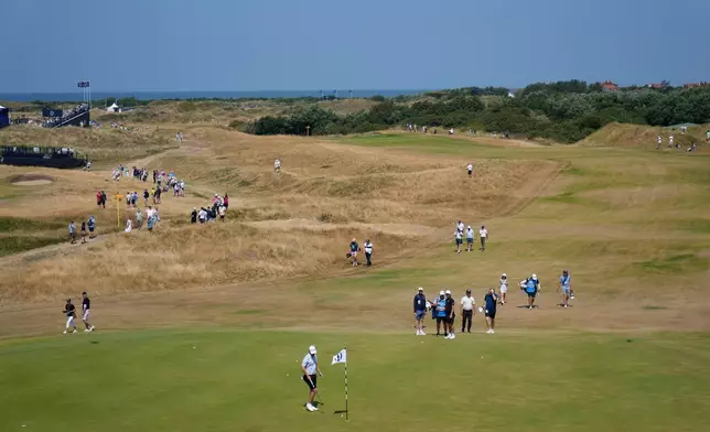 Bernd Wiesberger of Austria walks up to the pin flag on the 9th green during a practice round for the British Open Golf championships at Royal Birkdale golf club, in Southport, England, Wednesday, July 15, 2026. (AP Photo/David Goldman)