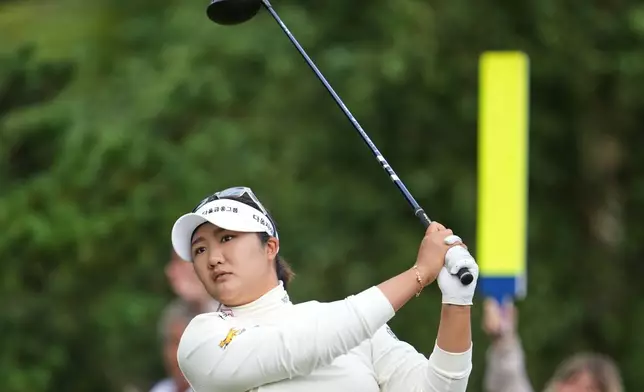 Haeran Ryu, of South Korea, tees off the 2nd hole during the first round of the Women's British Open golf championship in Lytham St Annes, England, Thursday, July 30, 2026. (AP Photo/Jon Super)