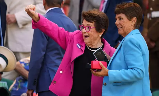 Former tennis player Billie Jean King of the US stands in the Royal Box on day eight at the Wimbledon Tennis Championships in London, Monday, July 6, 2026.(AP Photo/Kirsty Wigglesworth)