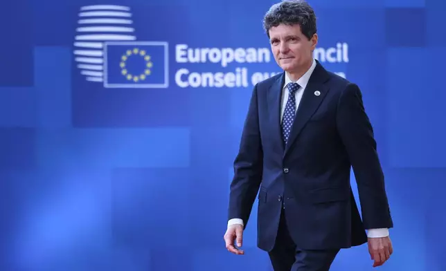 FILE - Romania's President Nicusor Dan arrives for the EU summit in Brussels, Thursday, June 18, 2026. (AP Photo/Omar Havana, file)