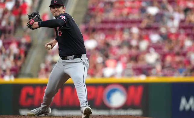 Cleveland Guardians pitcher Gavin Williams delivers during the second inning in the second baseball game of a doubleheader against the Cincinnati Reds, Tuesday, July 28, 2026, in Cincinnati. (AP Photo/Kareem Elgazzar)