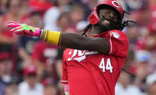 Cincinnati Reds' Elly de la Cruz swings through a pitch during the first inning in the second baseball game of a doubleheader against the Cleveland Guardians, Tuesday, July 28, 2026, in Cincinnati. (AP Photo/Kareem Elgazzar)