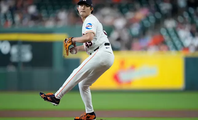 Houston Astros pitcher Tatsuya Imai delivers during the first inning of a baseball game against the Miami Marlins, Tuesday, July 21, 2026, in Houston. (AP Photo/Kevin M. Cox)