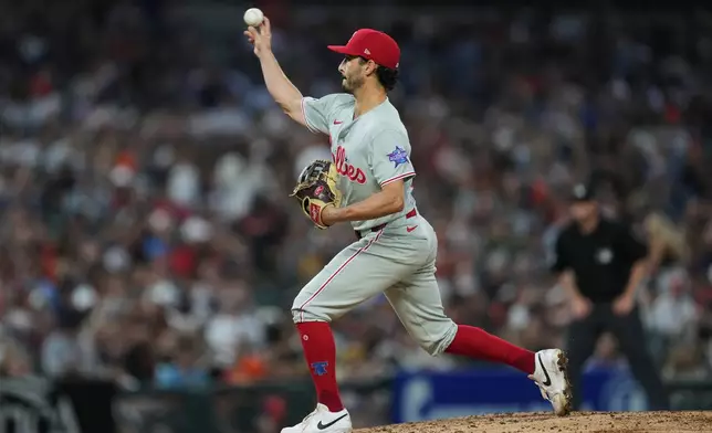 Philadelphia Phillies' Garrett Stubbs pitches against the Detroit Tigers during the eighth inning Friday, July 10, 2026, in Detroit. (AP Photo/Paul Sancya)