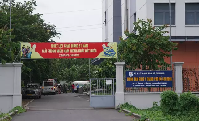 Exterior of Ho Chi Minh City Department of Health's Forensic Center, where remains of Indian tourists who died after a speedboat capsized are kept, in in Ho Chi Minh, Vietnam, Sunday, July 12, 2026. (AP Photo/Minh Tran)