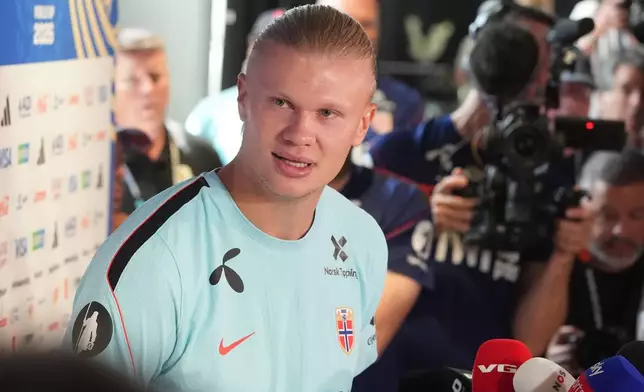 Norway's Erling Haaland smiles during a news ahead of their quarterfinal World Cup soccer match against England Thursday, July 9, 2026, in Fort Lauderdale, Fla. (AP Photo/Marta Lavandier)