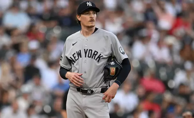 New York Yankees starting pitcher Max Fried looks on after giving up an RBI single hit by Chicago White Sox's Colson Montgomery during the first inning of a baseball game in Chicago, Monday, July 27, 2026. (AP Photo/Paul Beaty)