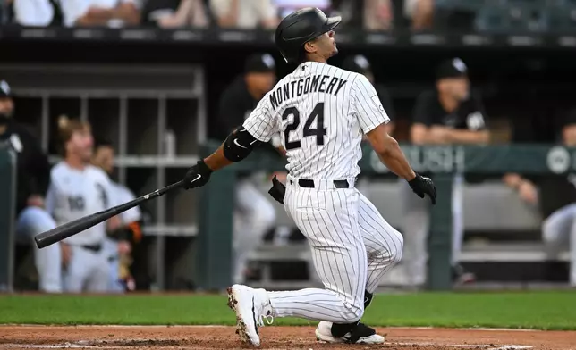 Chicago White Sox's Braden Montgomery watches his RBI triple during the first inning of a baseball game against the New York Yankees in Chicago, Monday, July 27, 2026. (AP Photo/Paul Beaty)