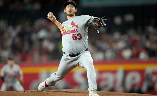 St. Louis Cardinals starting pitcher Andre Pallante throws against the Arizona Diamondbacks during the first inning of a baseball game, Sunday, July 19, 2026, in Phoenix. (AP Photo/Ross D. Franklin)