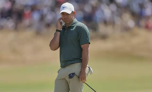 Rory McIlroy of Northern Ireland reacts after putting on the 5th green during the final day of the British Open Golf championships at Royal Birkdale golf club, in Southport, England, Sunday, July 19, 2026. (AP Photo/Peter Morrison)