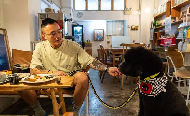 A customer feeds his dog inside the Wan Land Cafe on the first day dogs are legally permitted in restaurants in Hong Kong, Thursday, July 9, 2026. (AP Photo/Chan Long Hei)