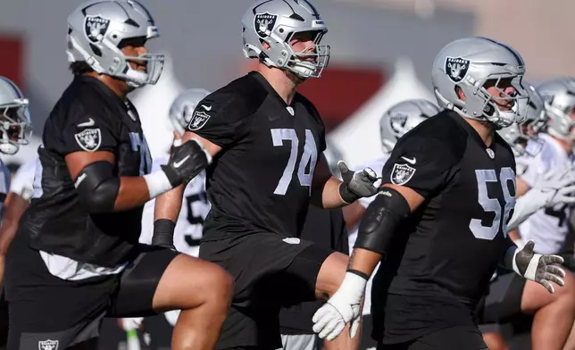 Las Vegas Raiders tackles Kolton Miller (74) warms up during practice at the team's NFL football training camp, Thursday, July 30, 2026, in Henderson, Nev. (AP Photo/Ian Maule)